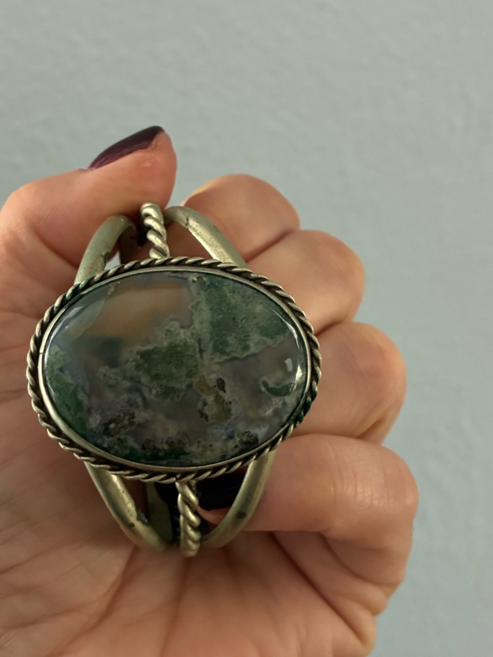 Vintage Green Moss Agate Silver Cuff Bracelet
